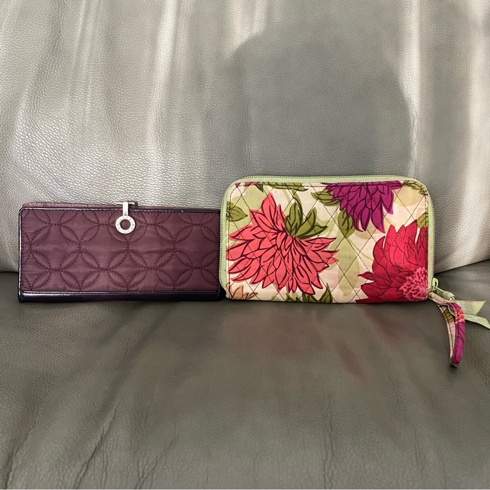 Vera Bradley Hello Dahlia, Plum Microfiber Trifold Wallets